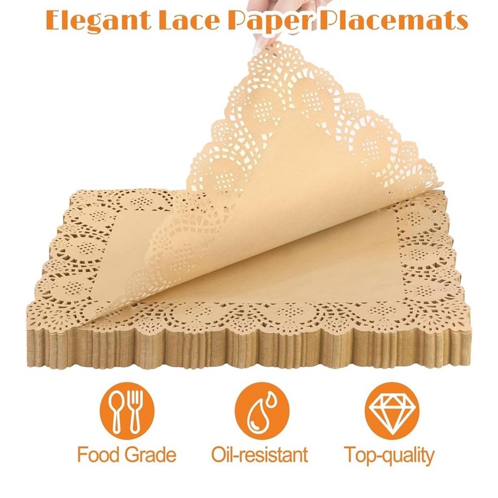 75 Rectangular Disposable Brown Kraft Paper Lace Doilies Placemats 15.7x11.8 in